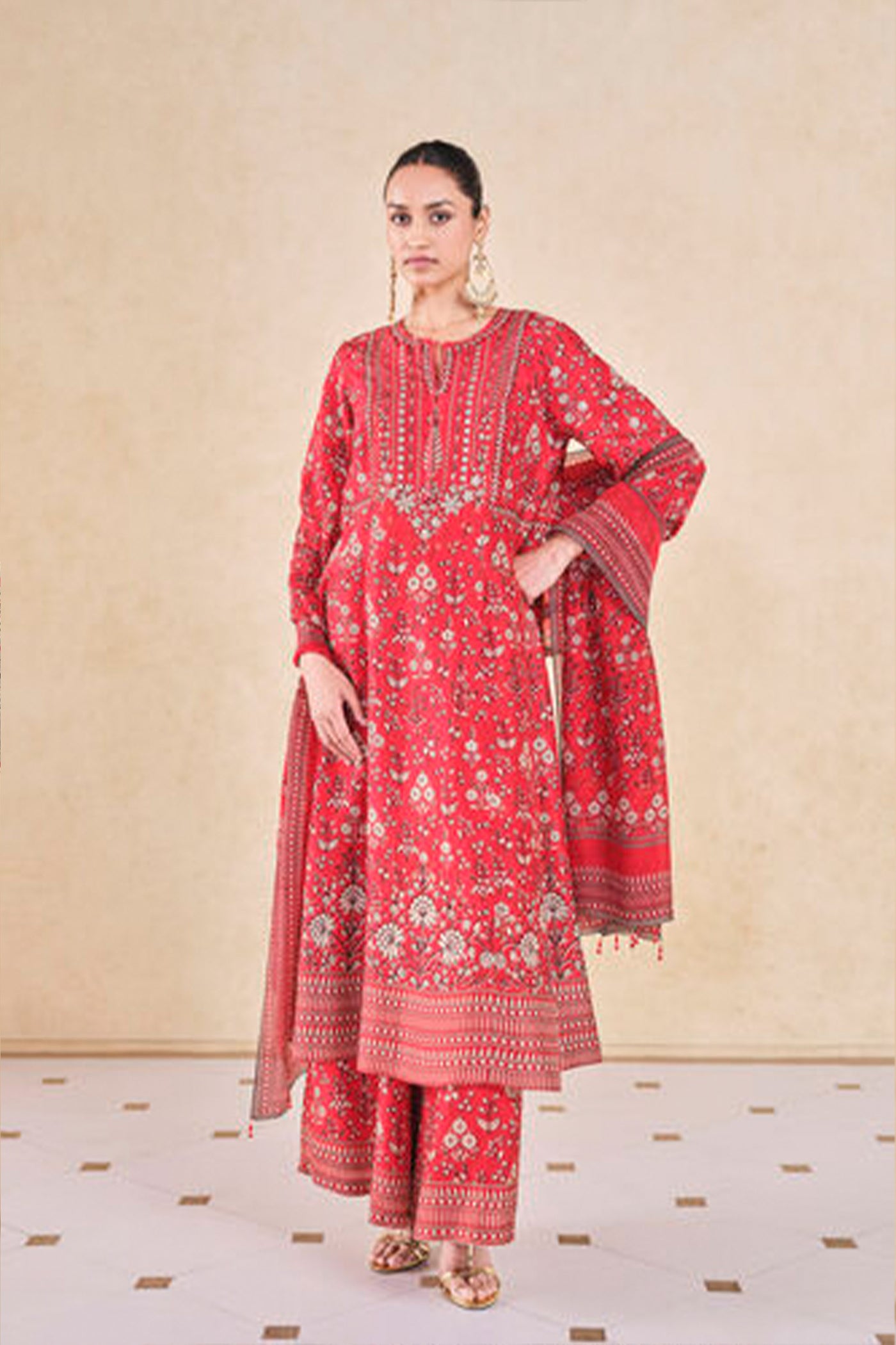 Anita Dongre Niral Printed Silk Anarkali Set Red indian designer wear online shopping melange singapore