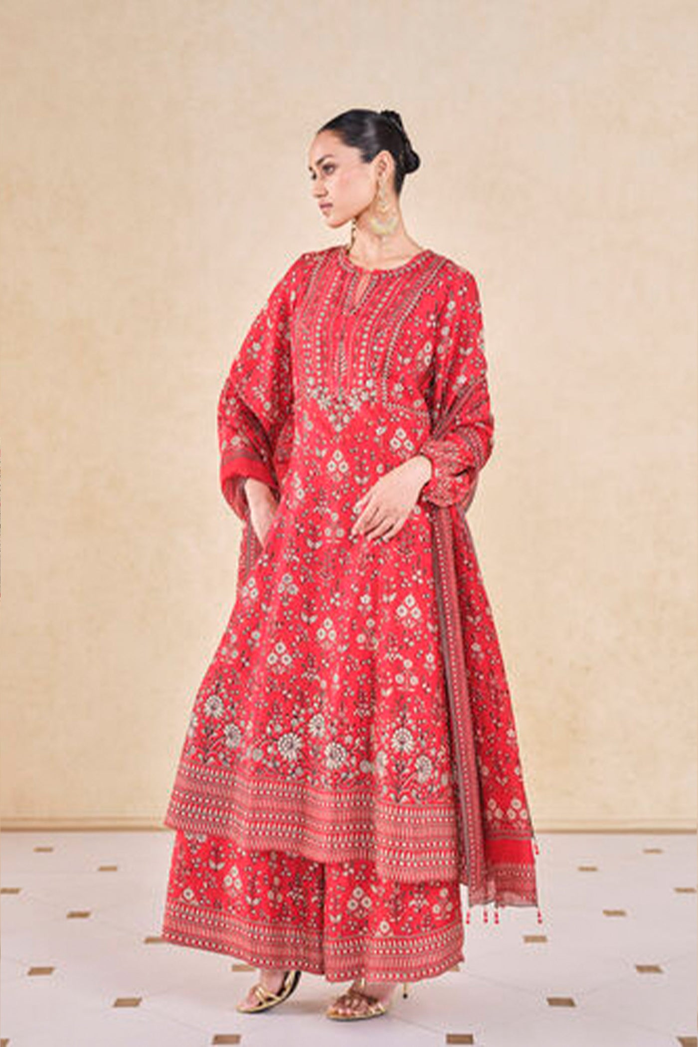 Anita Dongre Niral Printed Silk Anarkali Set Red indian designer wear online shopping melange singapore