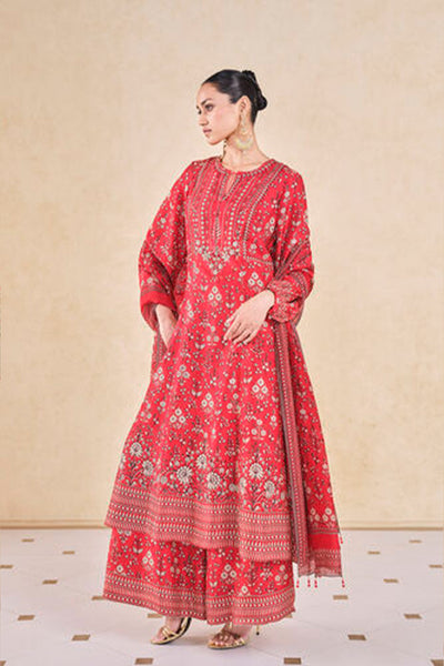 Anita Dongre Niral Printed Silk Anarkali Set Red indian designer wear online shopping melange singapore