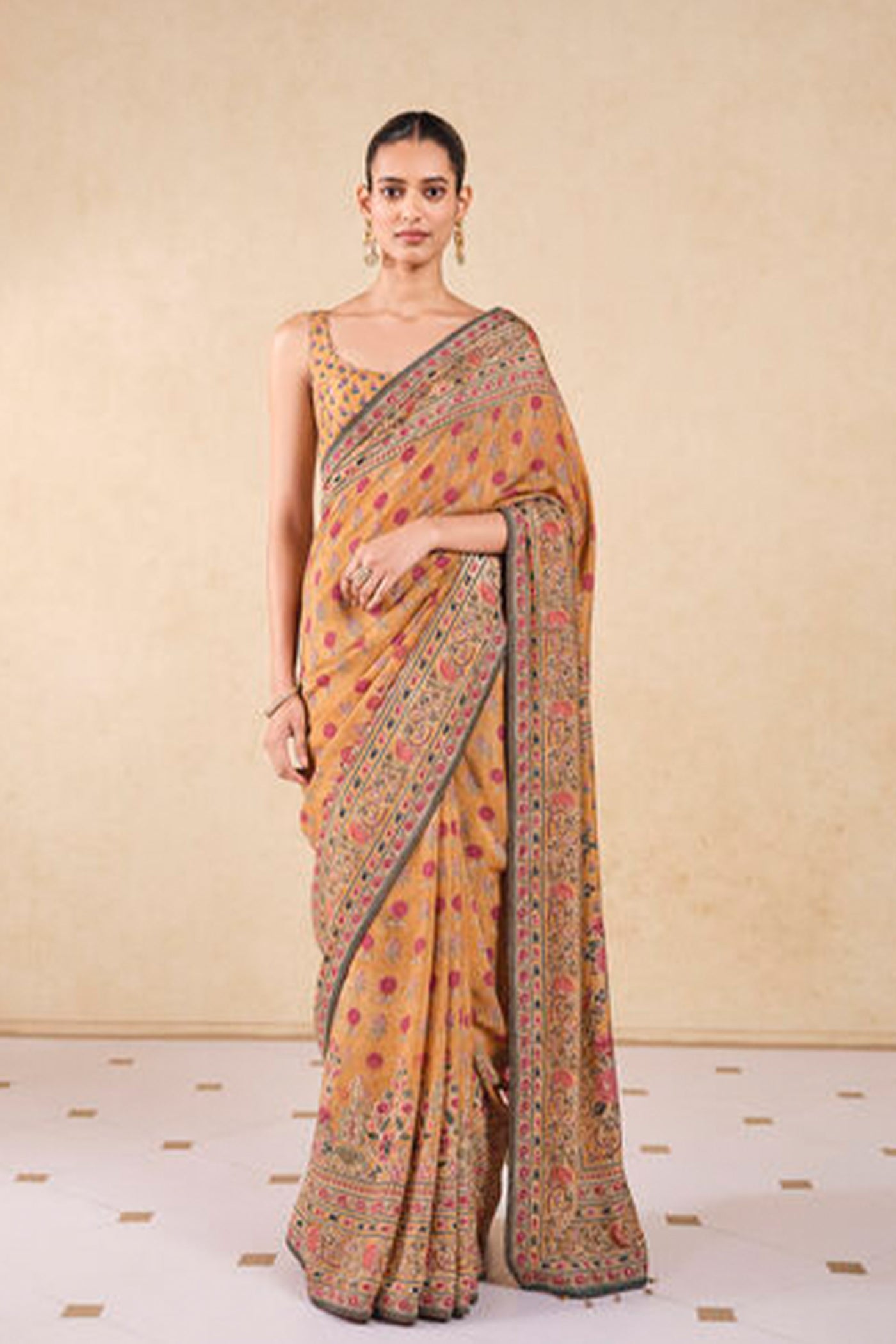 Anita Dongre Rue Printed Silk Saree Yellow indian designer wear online shopping melange singapore