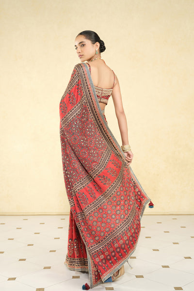 Anita Dongre Saaj Ajrakh Hand-block Printed Silk Saree Red indian designer wear online shopping melange singapore
