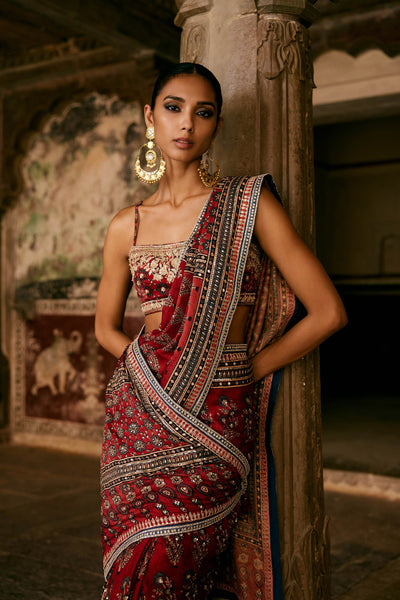 Anita Dongre Saaj Ajrakh Hand-block Printed Silk Saree Red indian designer wear online shopping melange singapore

