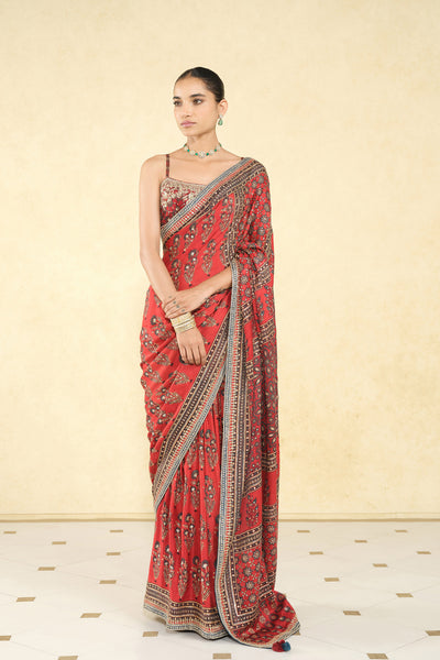 Anita Dongre Saaj Ajrakh Hand-block Printed Silk Saree Red indian designer wear online shopping melange singapore
