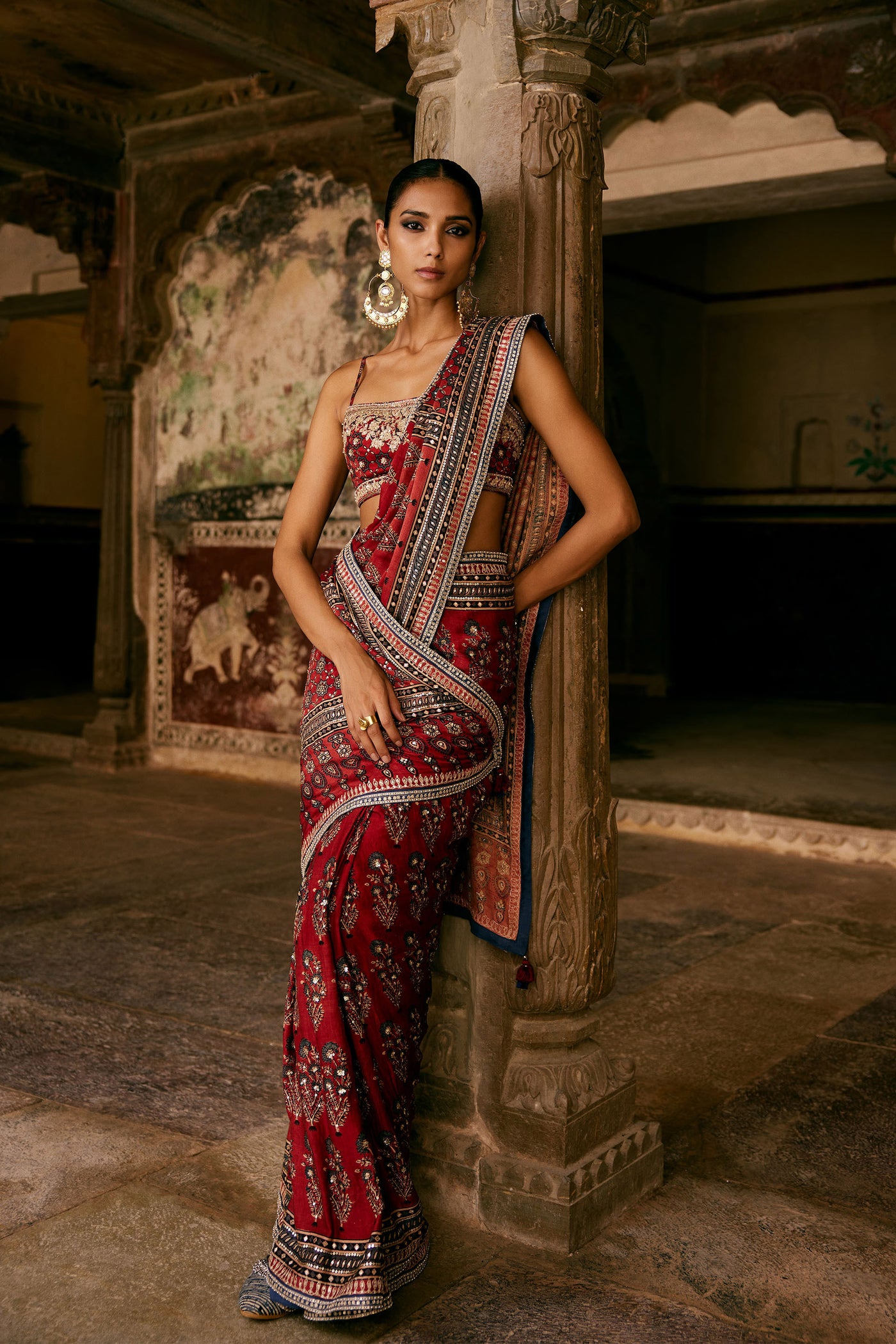 Anita Dongre Saaj Ajrakh Hand-block Printed Silk Saree Red indian designer wear online shopping melange singapore
