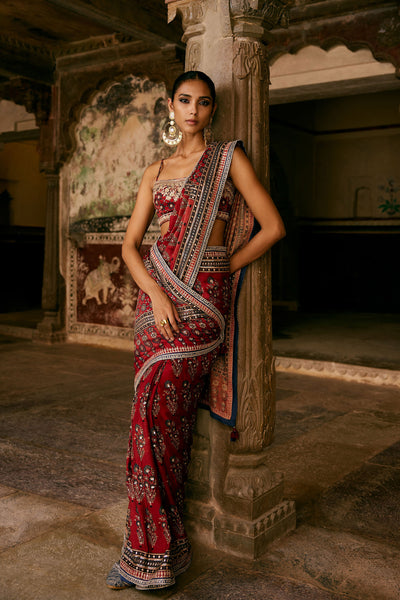 Anita Dongre Saaj Ajrakh Hand-block Printed Silk Saree Red indian designer wear online shopping melange singapore
