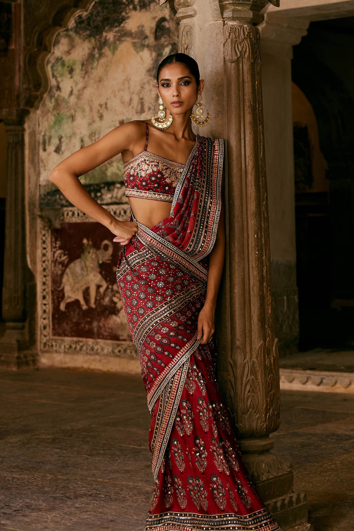 Anita Dongre Saaj Ajrakh Hand-block Printed Silk Saree Red indian designer wear online shopping melange singapore
