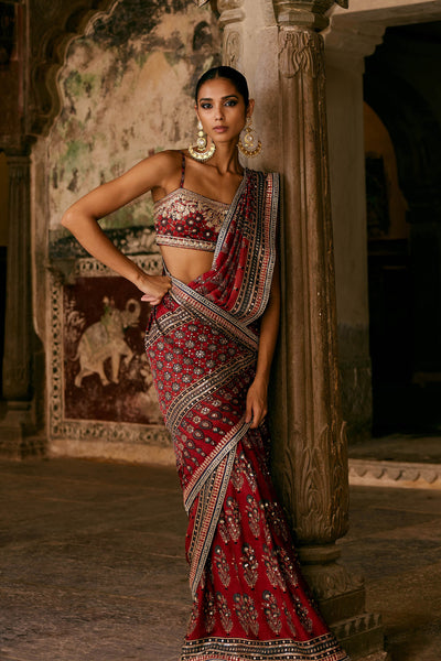 Anita Dongre Saaj Ajrakh Hand-block Printed Silk Saree Red indian designer wear online shopping melange singapore
