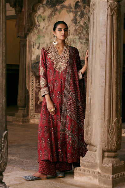 Anita Dongre Saaj Ajrakh Hand-block Printed Silk Suit Set Red indian designer wear online shopping melange singapore
