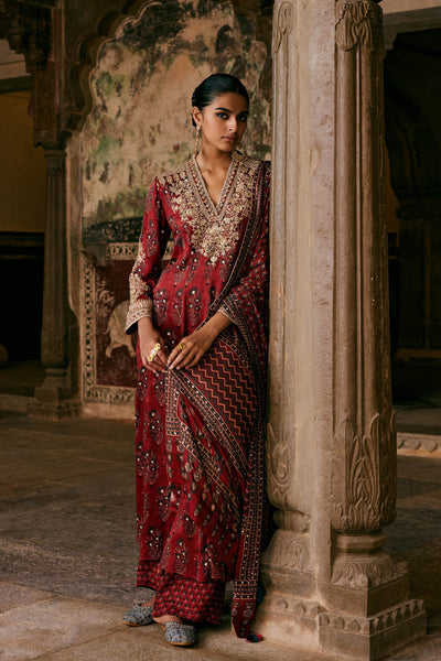 Anita Dongre Saaj Ajrakh Hand-block Printed Silk Suit Set Red indian designer wear online shopping melange singapore
