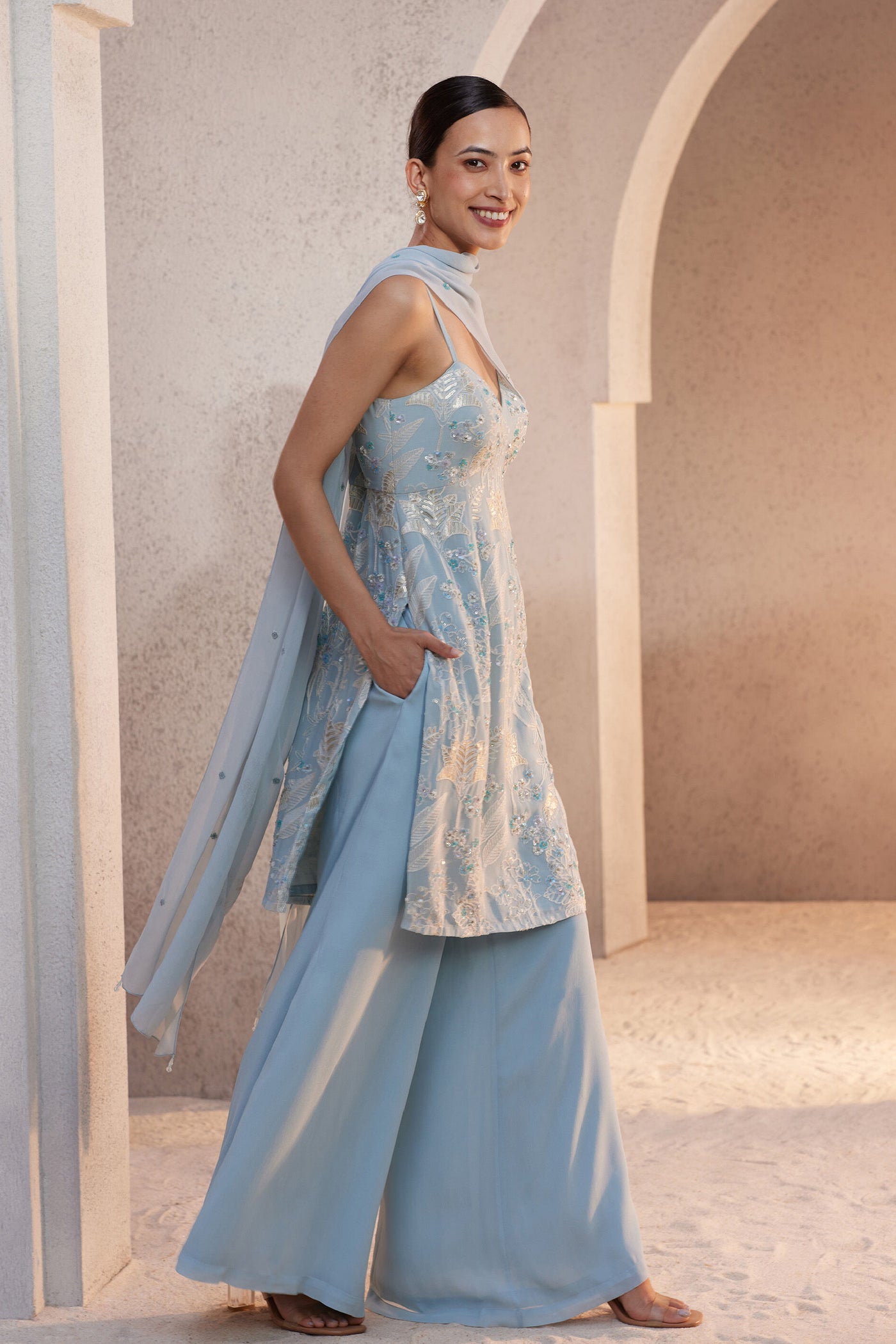 Anita Dongre Sabia Suit Set Powder Blue Indian designer wear online shopping melange singapore