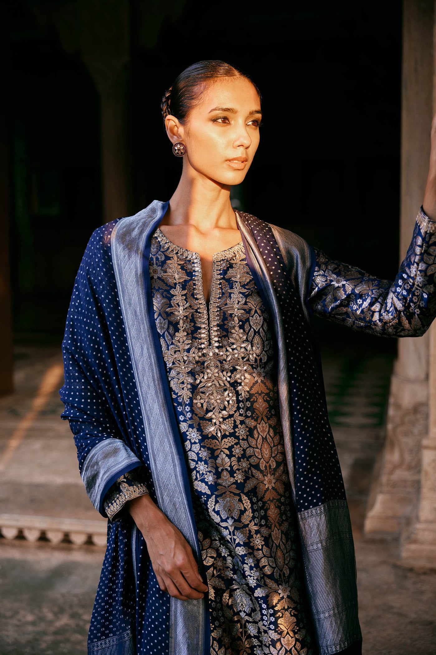 Anita Dongre Samahita Handwoven Benarasi Silk Suit Set Blue indian designer wear online shopping melange singapore