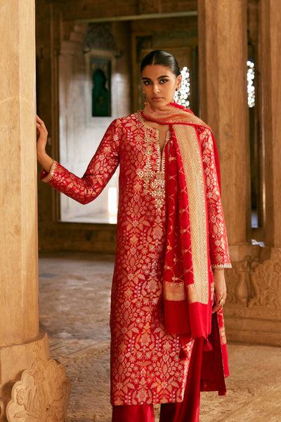 Anita Dongre Samahita Handwoven Benarasi Silk Suit Set Red indian designer wear online shopping melange singapore