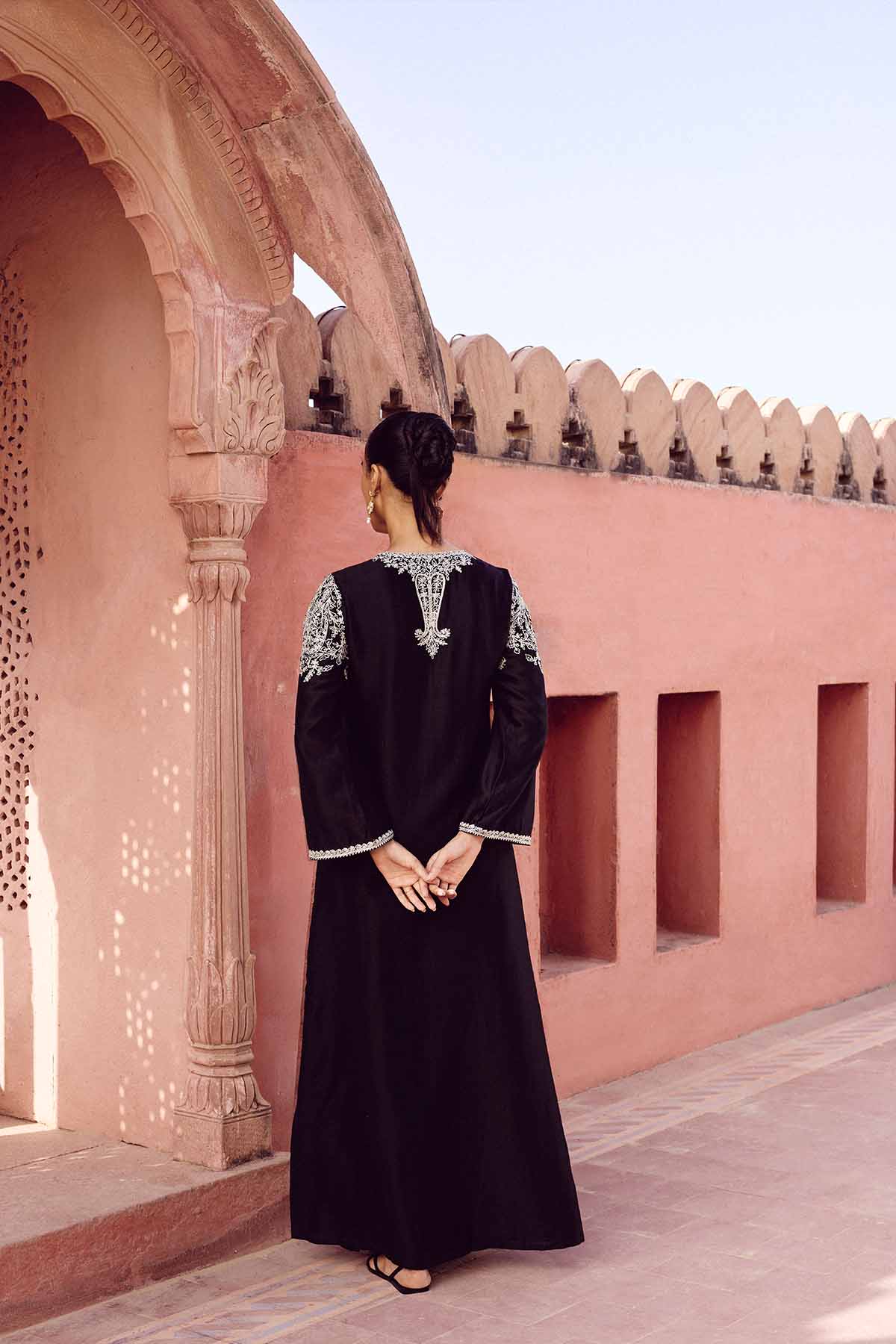 Anita Dongre Sehrish Handembroidered Aari Silk Kaftan Black indian designer wear online shopping melange singapore 