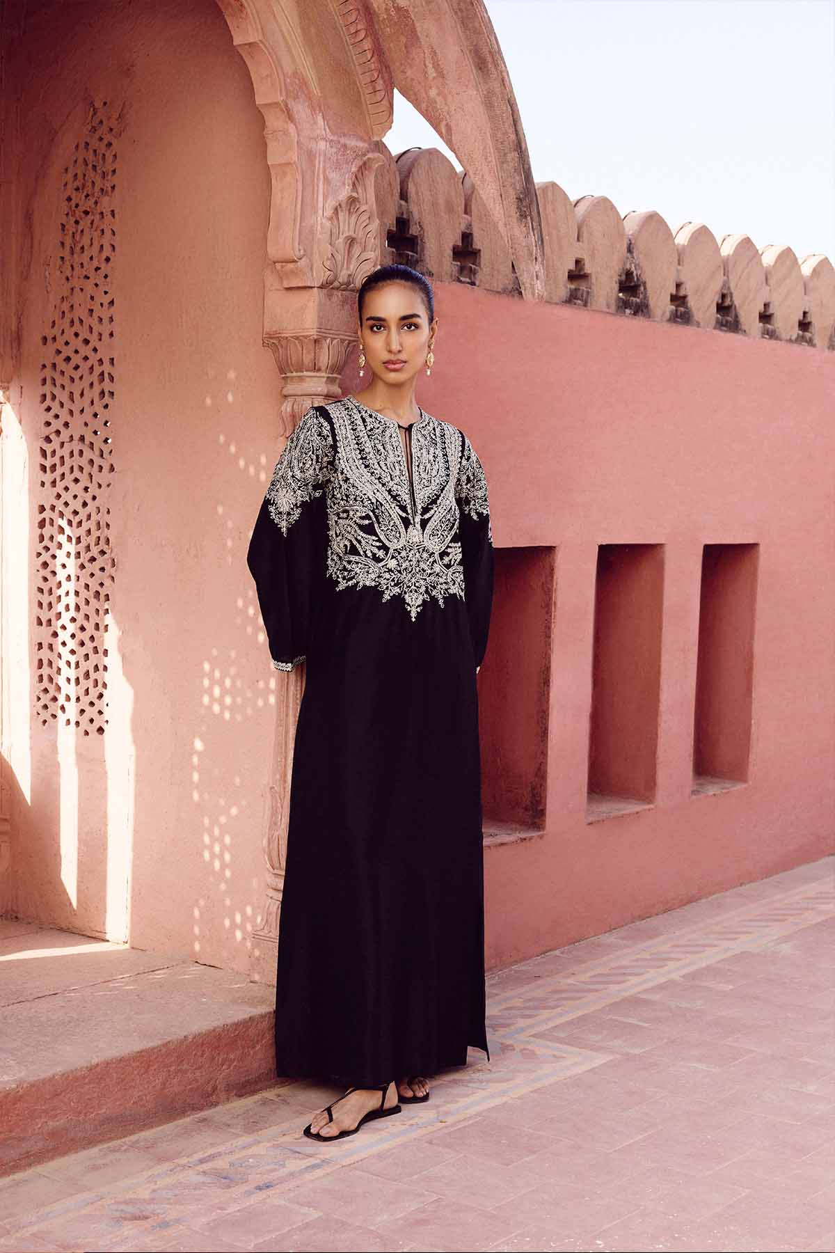 Anita Dongre Sehrish Handembroidered Aari Silk Kaftan Black indian designer wear online shopping melange singapore 