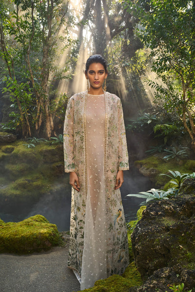 Anita Dongre Shajar Hand-painted Pichhwai Silk Jacket Set Ivory indian designer wear online shopping melange singapore
