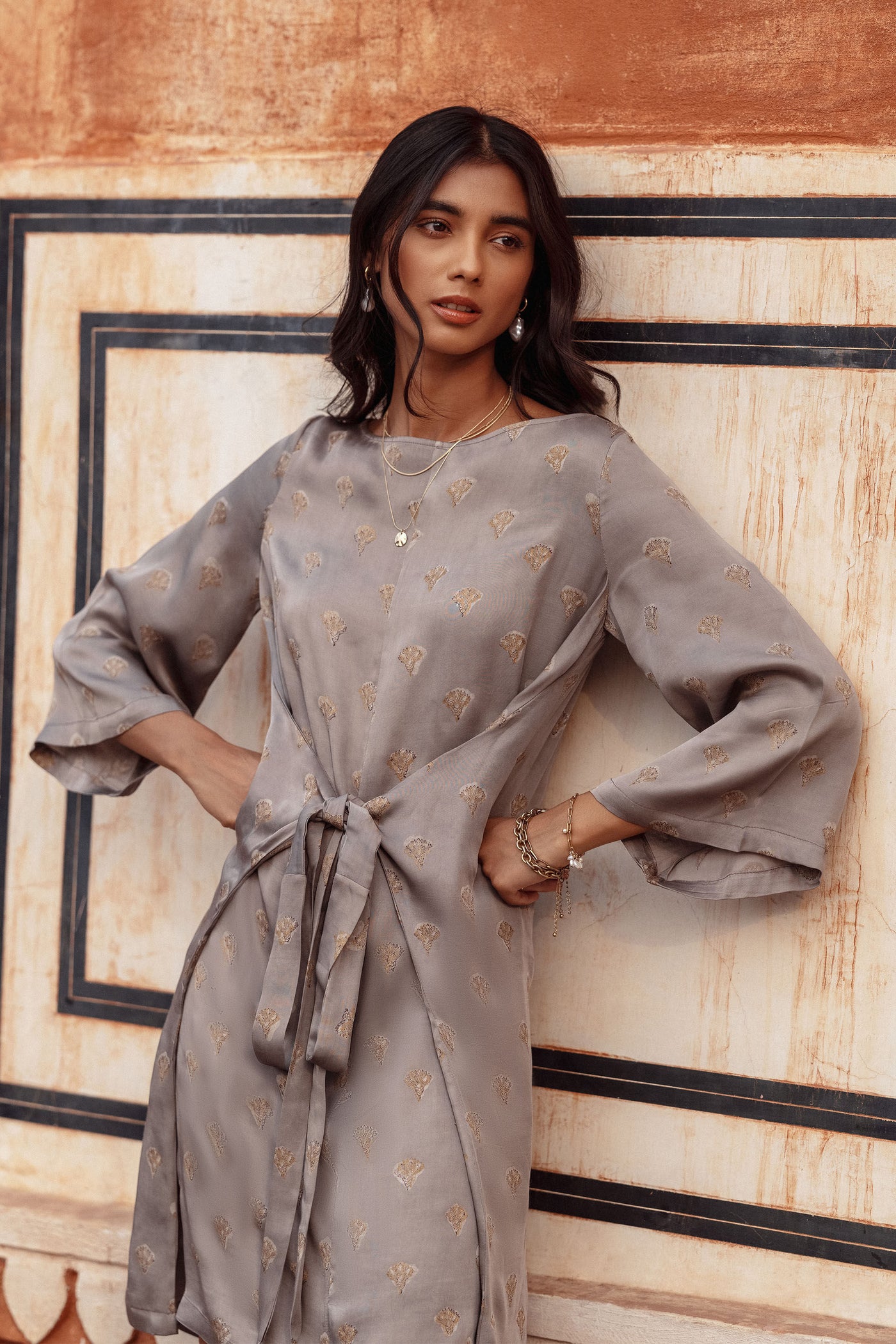 Anita DongreSheesh Straight Wrap Dress Taupe indian designer wear online shopping melange singapore