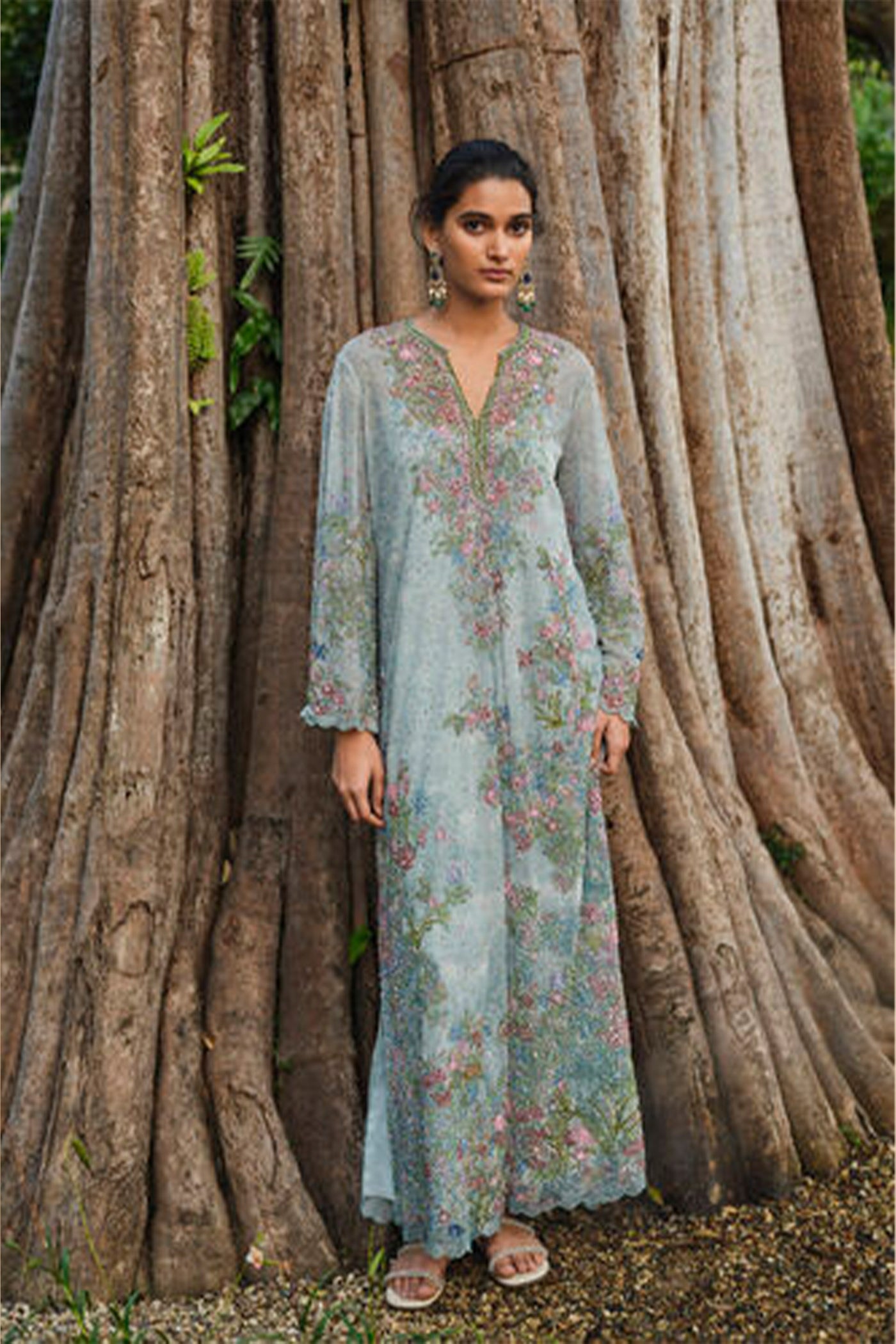 Anita Dongre Silaam Printed Kaftan Powder Blue indian designer wear online shopping melange singapore