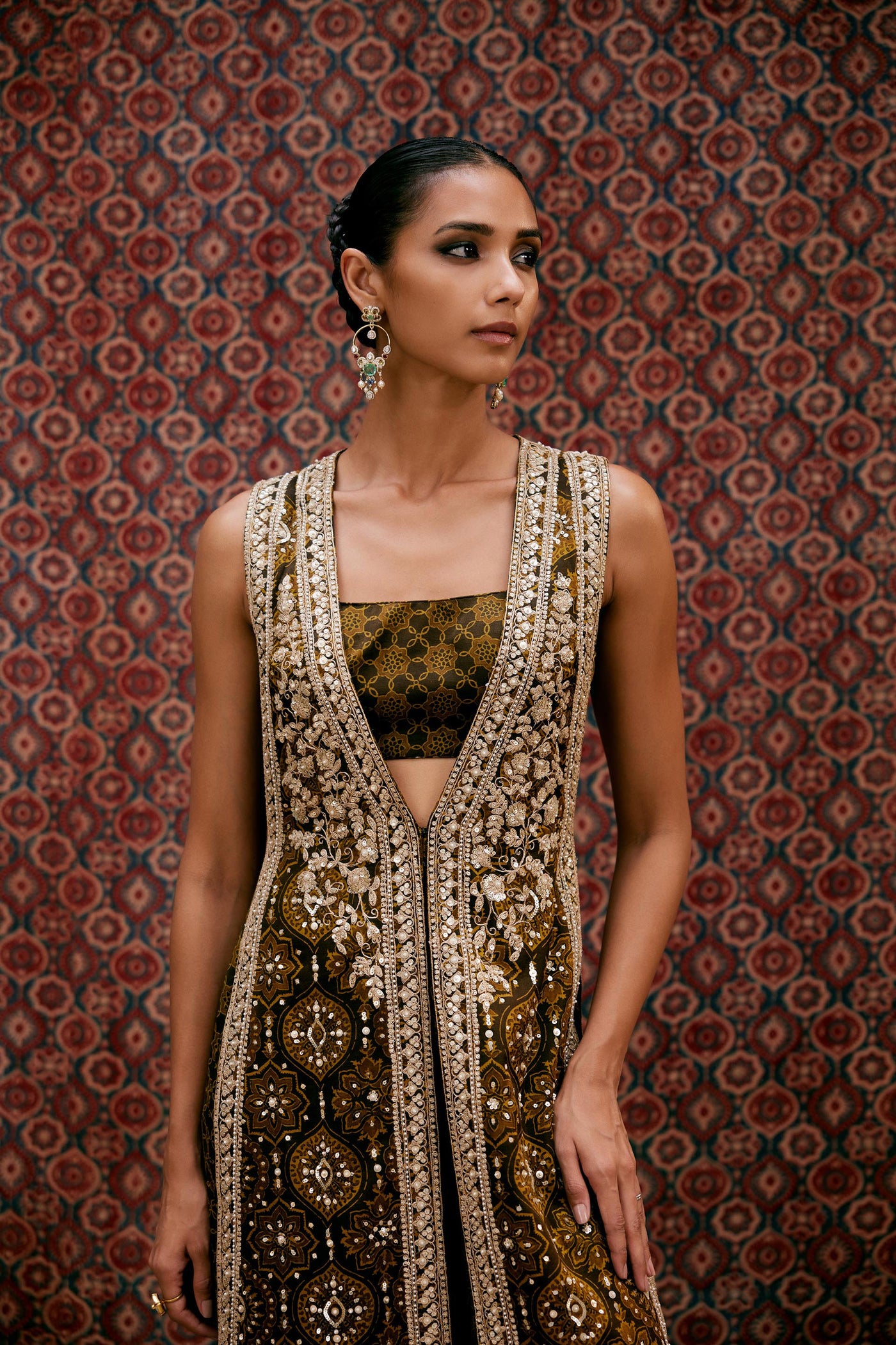 Anita Dongre Souheir Ajrakh Hand-block Printed Silk Tabard Set Olive indian designer wear online shopping melange singapore