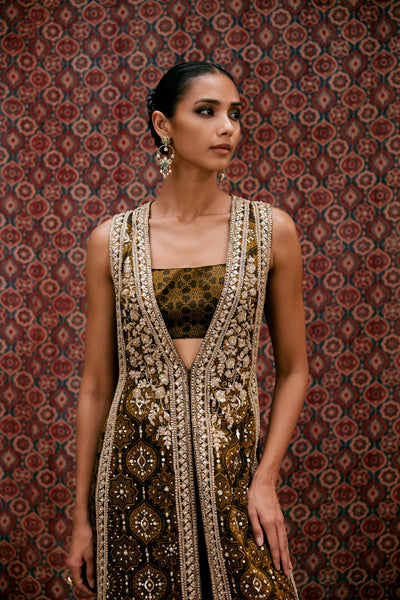 Anita Dongre Souheir Ajrakh Hand-block Printed Silk Tabard Set Olive indian designer wear online shopping melange singapore