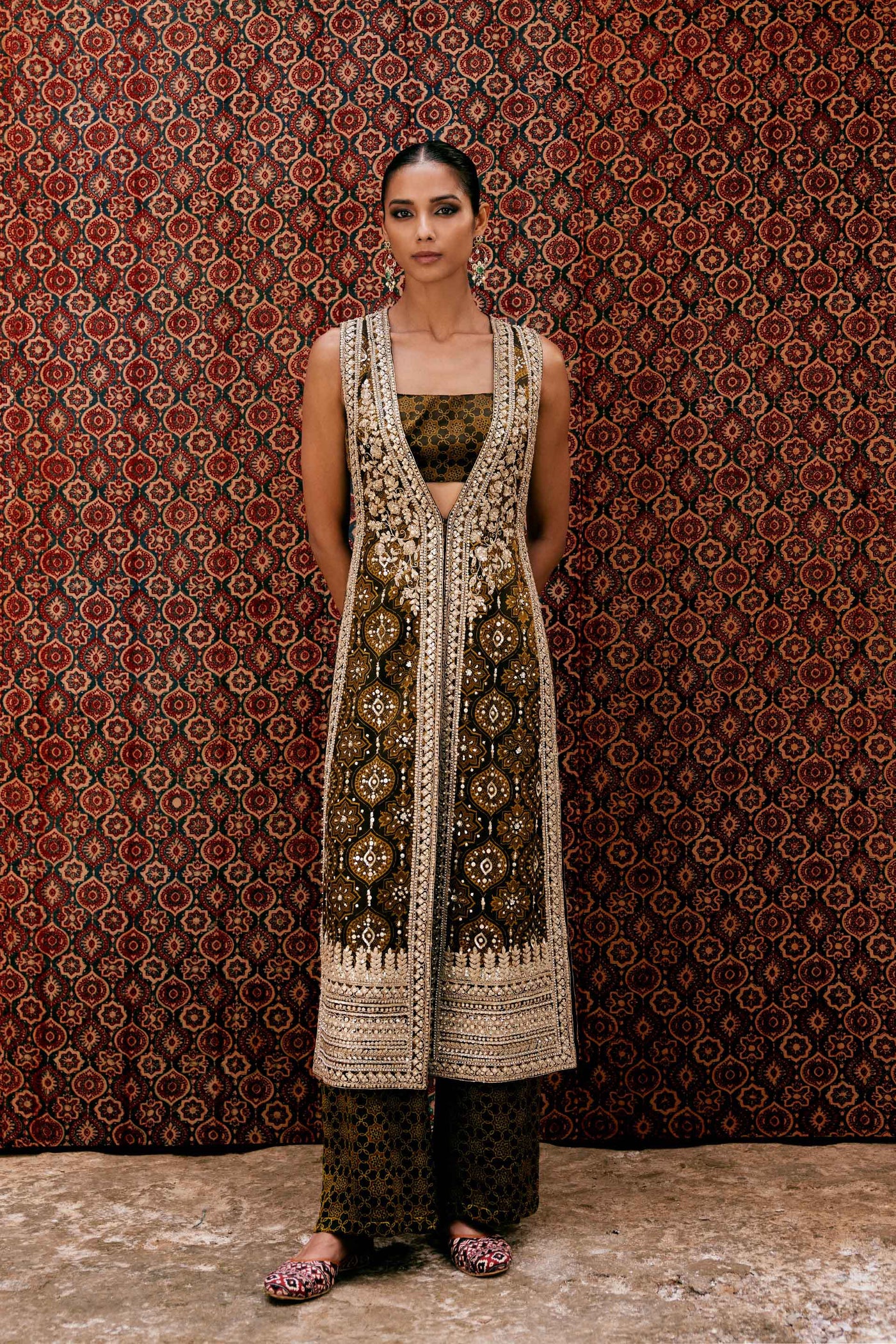 Anita Dongre Souheir Ajrakh Hand-block Printed Silk Tabard Set Olive indian designer wear online shopping melange singapore