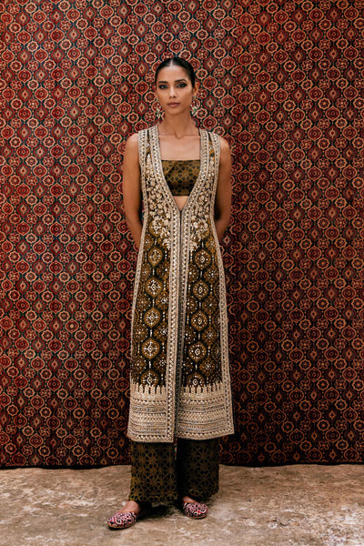 Anita Dongre Souheir Ajrakh Hand-block Printed Silk Tabard Set Olive indian designer wear online shopping melange singapore