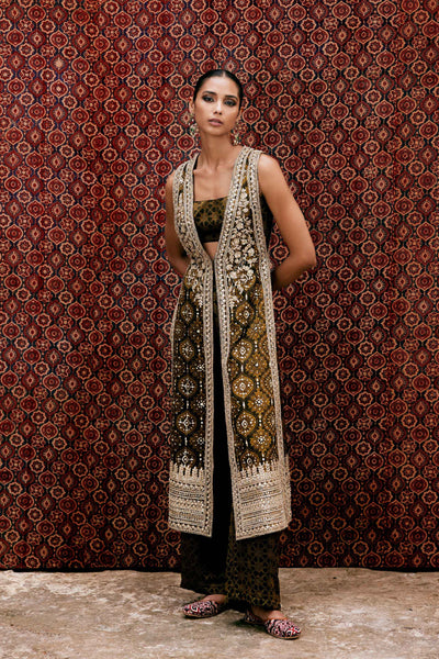Anita Dongre Souheir Ajrakh Hand-block Printed Silk Tabard Set Olive indian designer wear online shopping melange singapore