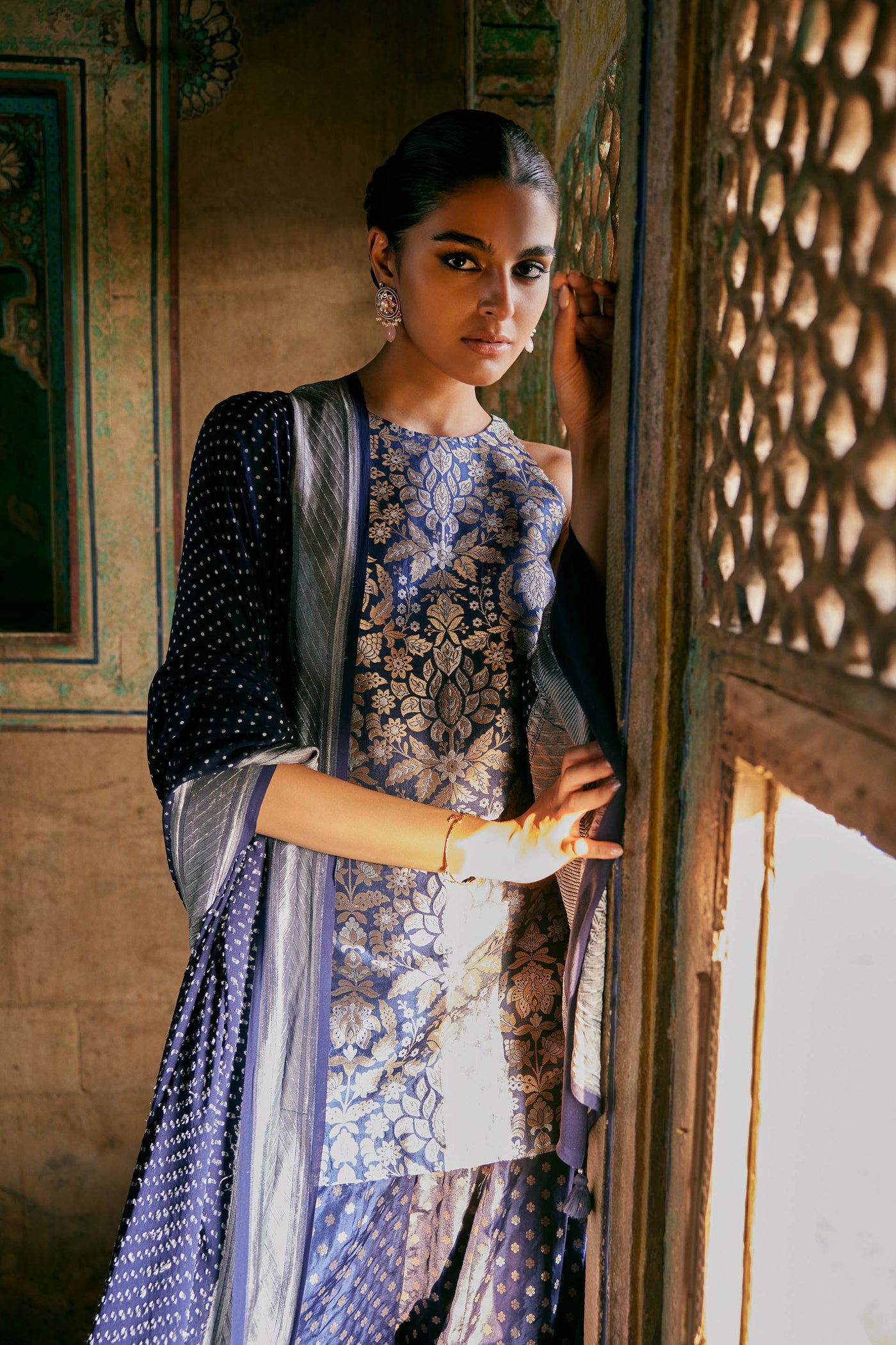 Anita Dongre Swadha Handwoven Benarasi Silk Sharara Set Blue indian designer wear online shopping melange singapore