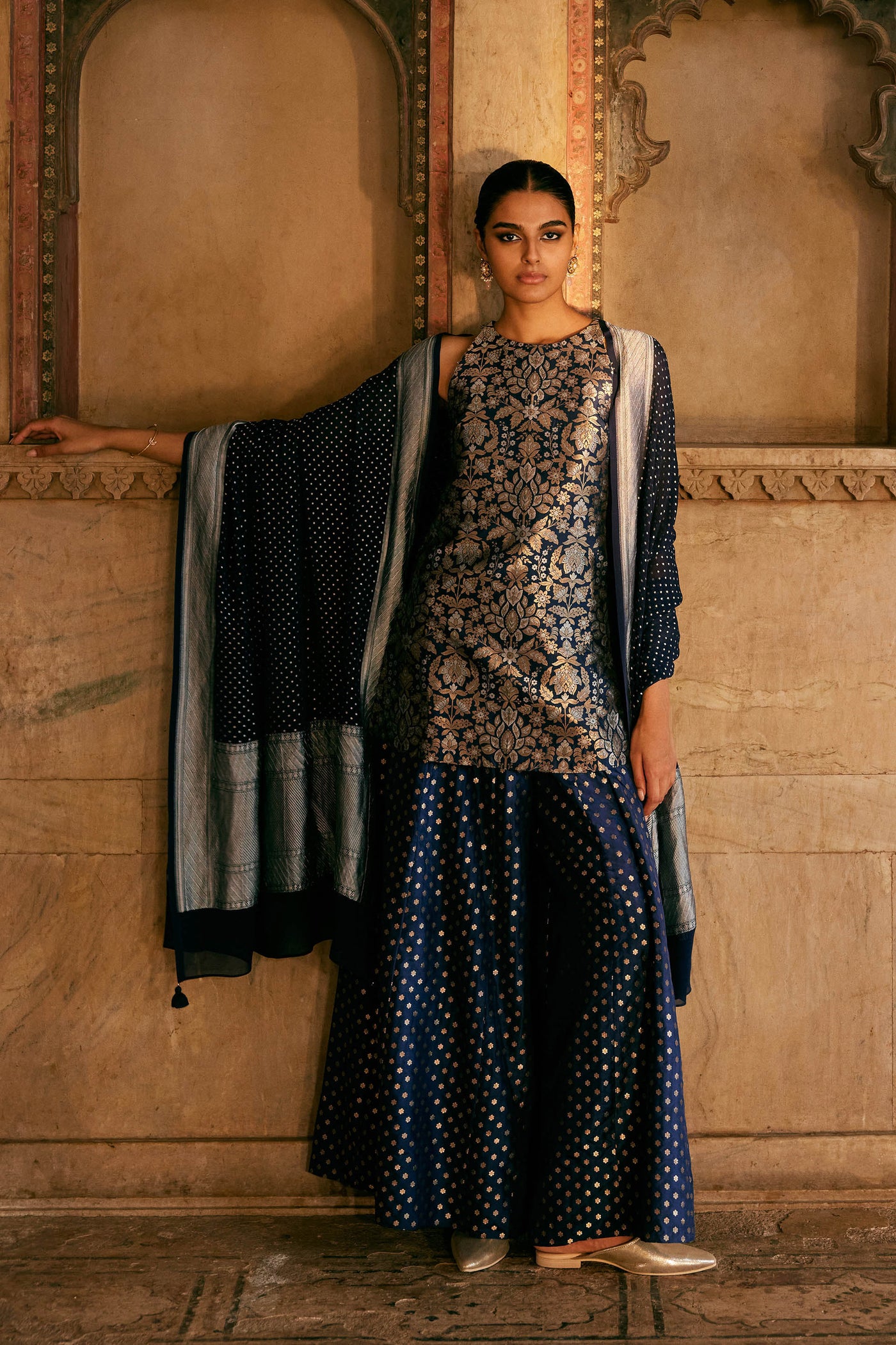 Anita Dongre Swadha Handwoven Benarasi Silk Sharara Set Blue indian designer wear online shopping melange singapore