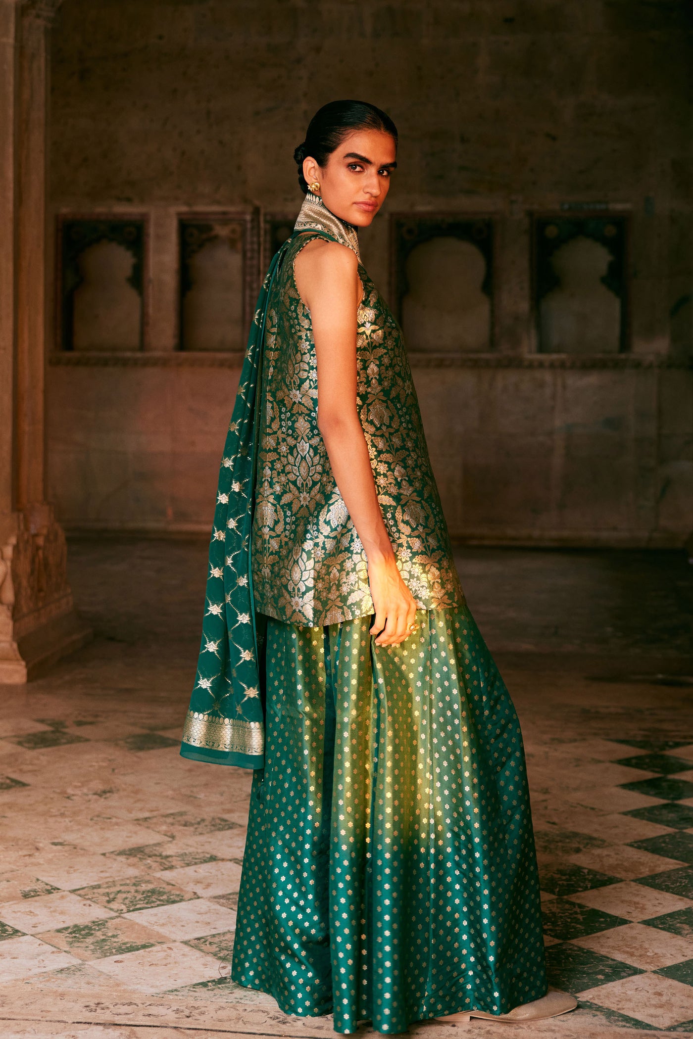 Anita Dongre Swadha Handwoven Benarasi Silk Sharara Set Green indian designer wear online shopping melange singapore
