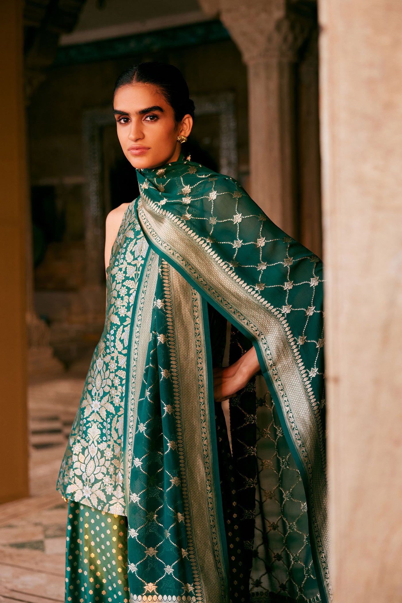 Anita Dongre Swadha Handwoven Benarasi Silk Sharara Set Green indian designer wear online shopping melange singapore
