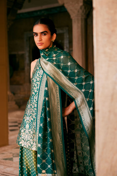 Anita Dongre Swadha Handwoven Benarasi Silk Sharara Set Green indian designer wear online shopping melange singapore
