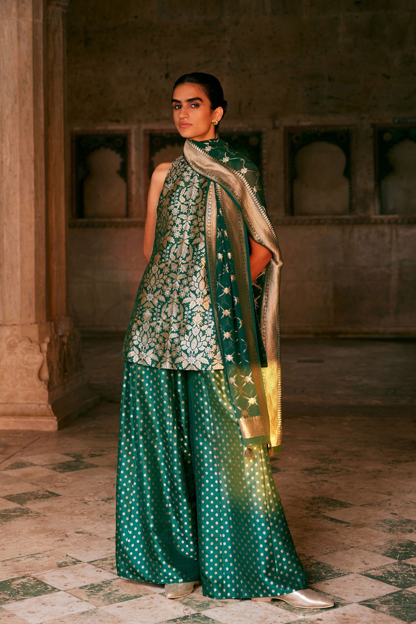 Anita Dongre Swadha Handwoven Benarasi Silk Sharara Set Green indian designer wear online shopping melange singapore
