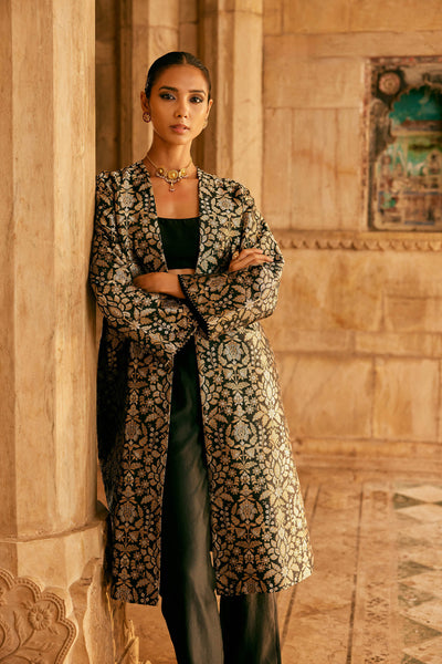 Anita Dongre Tamadur Handwoven Benarasi Silk Jacket Set Black indian designer wear online shopping melange singapore

