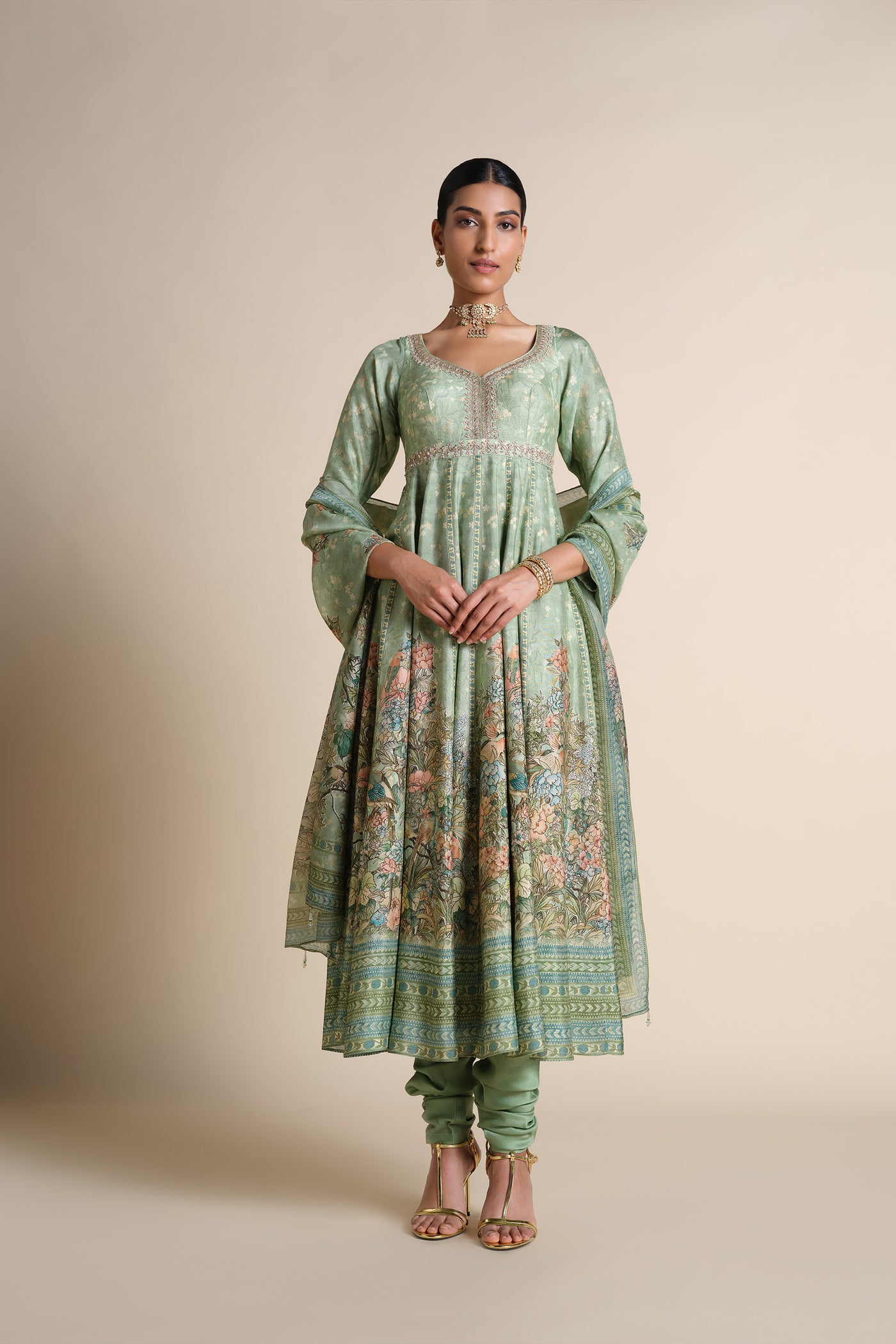 Anita Dongre Tayma Silk Anarkali Set Sage indian designer wear online shopping melange singapore