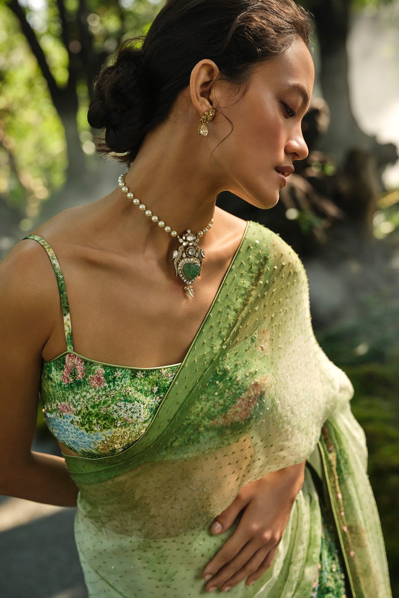 Anita Dongre The Liveforest Embroidered Chiffon Saree Green indian designer wear online shopping melange singapore