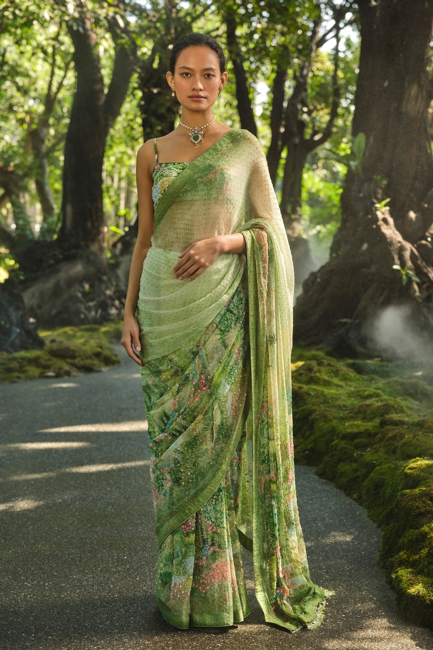 Anita Dongre The Liveforest Embroidered Chiffon Saree Green indian designer wear online shopping melange singapore