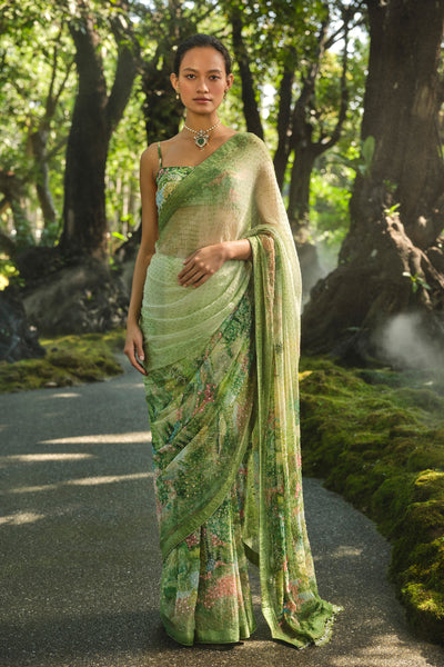 Anita Dongre The Liveforest Embroidered Chiffon Saree Green indian designer wear online shopping melange singapore