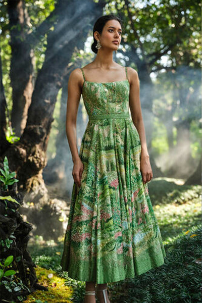 Anita Dongre The Liveforest Embroidered Silk Dress Green indian designer wear online shopping melange singapore