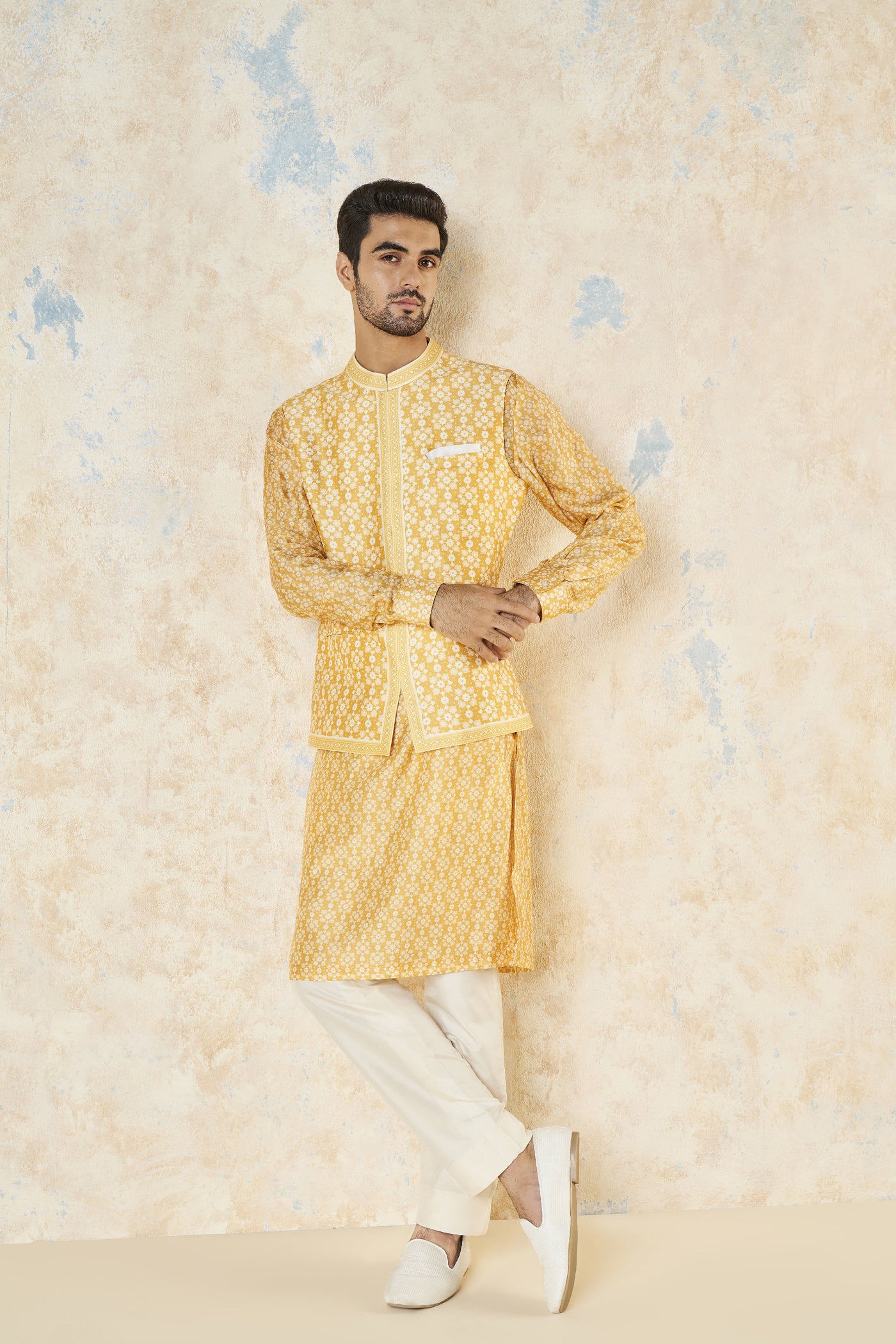 Anita Dongre Udyan Nehru Jacket Mustard indian designer wear online shopping melange singapore