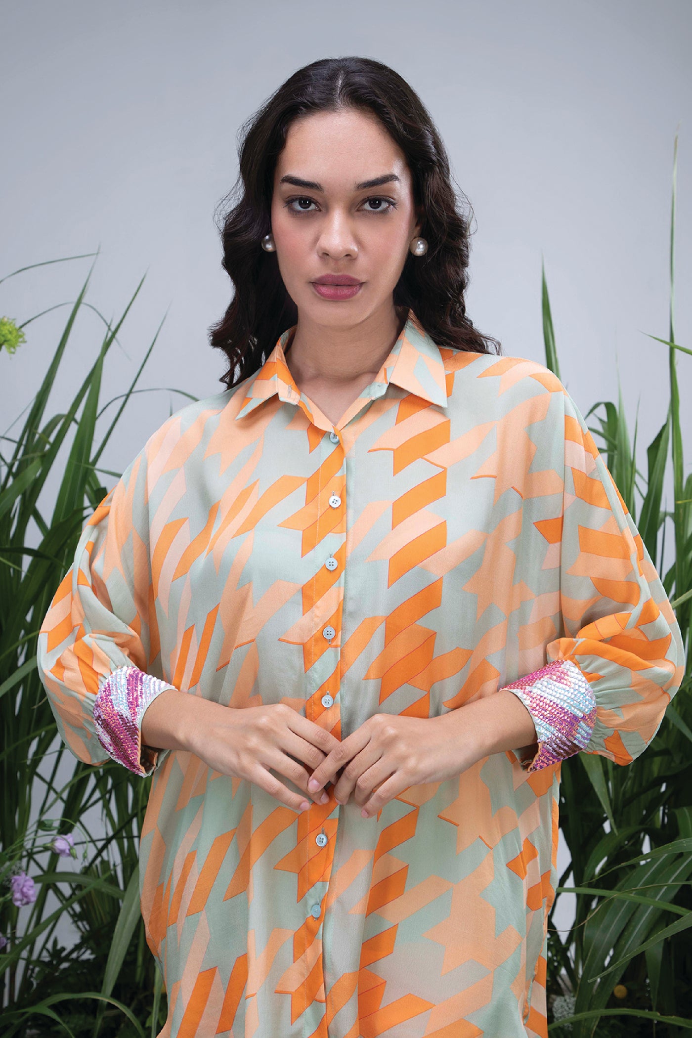 Archana Shah Asymmetric Wild Flower Shirt Set indian designer wear online shopping melange singapore