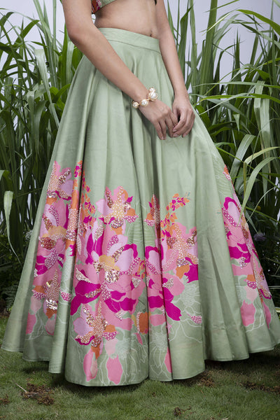 Archana Shah Green Wild Flower Center Print Lehenga Set indian designer wear online shopping melange singapore