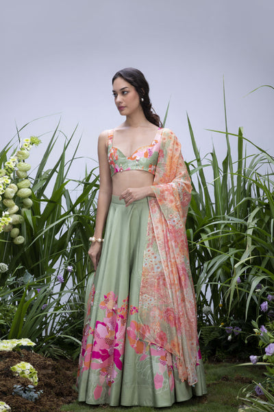Archana Shah Green Wild Flower Center Print Lehenga Set indian designer wear online shopping melange singapore