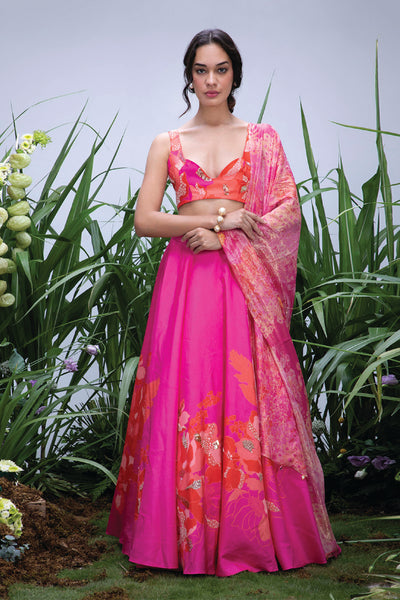 Archana Shah Pink Wild Flower Center Print Lehenga Set indian designer wear online shopping melange singapore