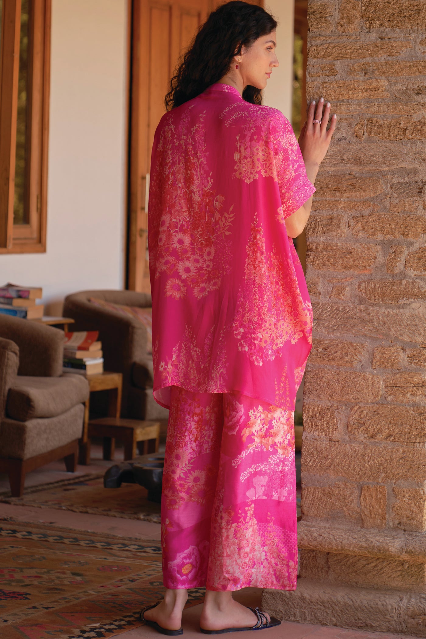 Archana Shah Pink Wild Flower Oversize Shirt Set indian designer wear online shopping melange singapore