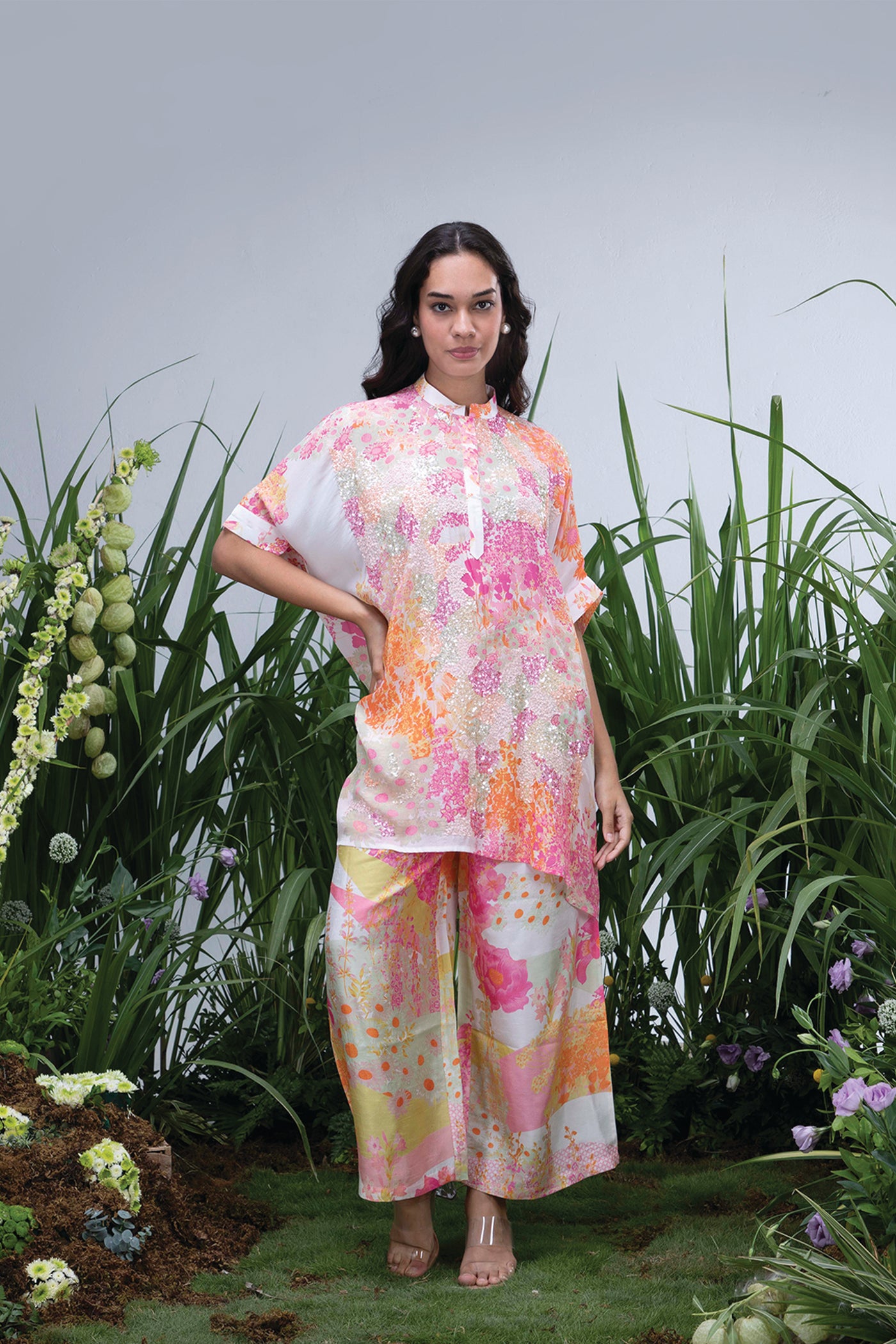 Archana Shah Wild Flower Oversize Shirt Set indian designer wear online shopping melange singapore