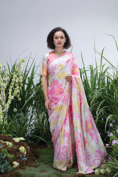Archana Shah Wild Flower Satin Saree indian designer wear online shopping melange singapore