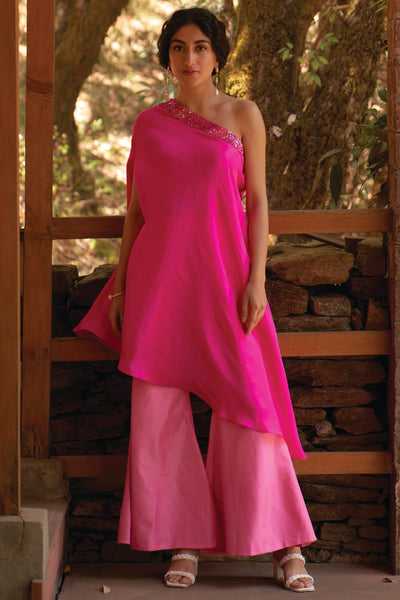 Archana Shah Pink  Wild Flower Asymmetric Half Shoulder Set indian designer wear online shopping melange singapore