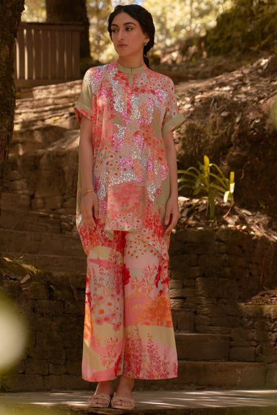 Archana Shah Green Wild Flower Oversize Shirt Set indian designer wear online shopping melange singapore