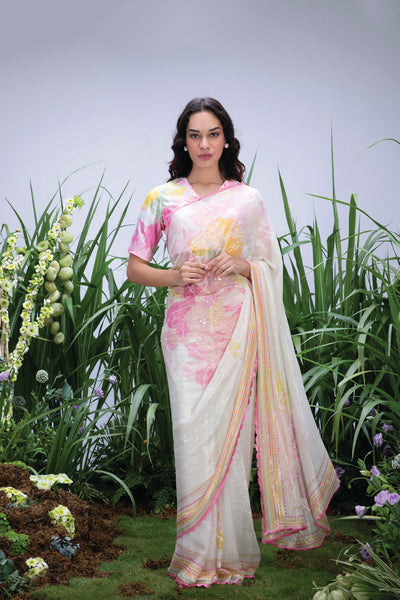 Archana Shah Wild Flower White Shimmer Saree indian designer wear online shopping melange singapore