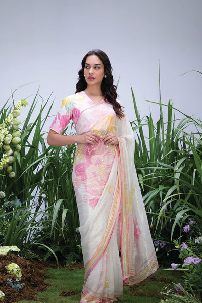 Archana Shah Wild Flower White Shimmer Saree indian designer wear online shopping melange singapore